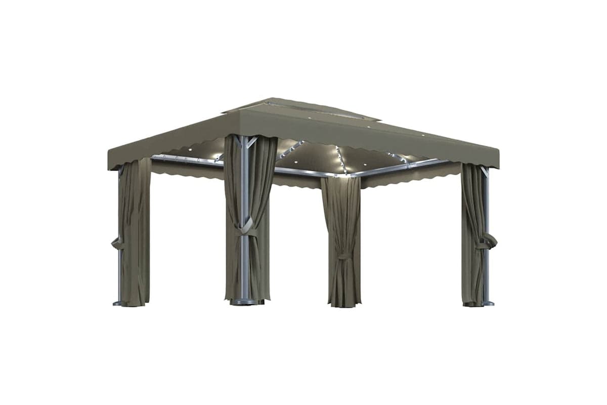 Vidaxl Gazebo With Curtain&led String Lights 4x3 M Taupe