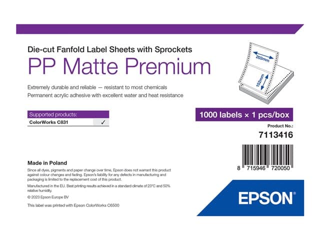EPSON - Premium - die cut fanfold labels with sprockets - matte - 1000 label(s) - 203 x 152 mm