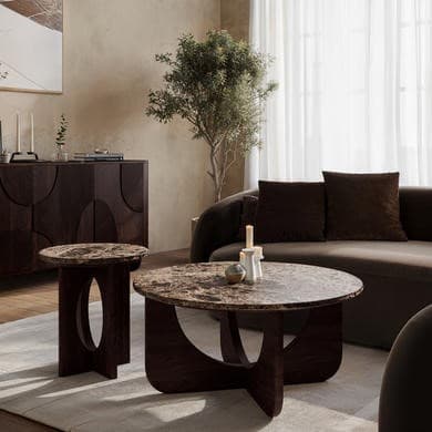 Round Brown Marble and Walnut Effect Nest of 2 Tables - Ivan