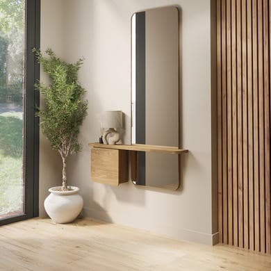 Slim & Narrow Oak Floating Console Table with Mirror & Storage - Izzi