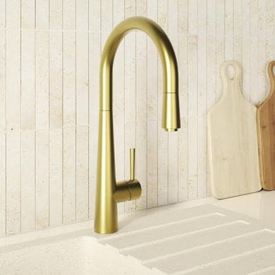 Brushed Brass Single Lever Pull Out Monobloc Kitchen Mixer Tap - Enza Olney