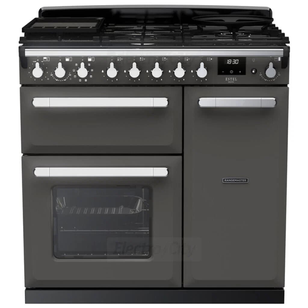 Rangemaster Estel Deluxe 90cm Dual Fuel Range Cooker | Slate with Chrome Trim