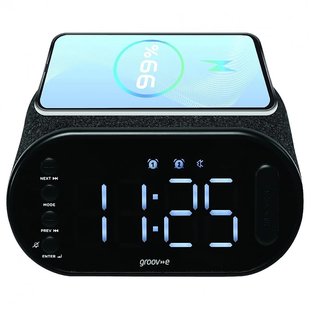 Groov-e Atlas II Alarm Clock Radio with Wireless Charging Pad - Black | GVCR06BK