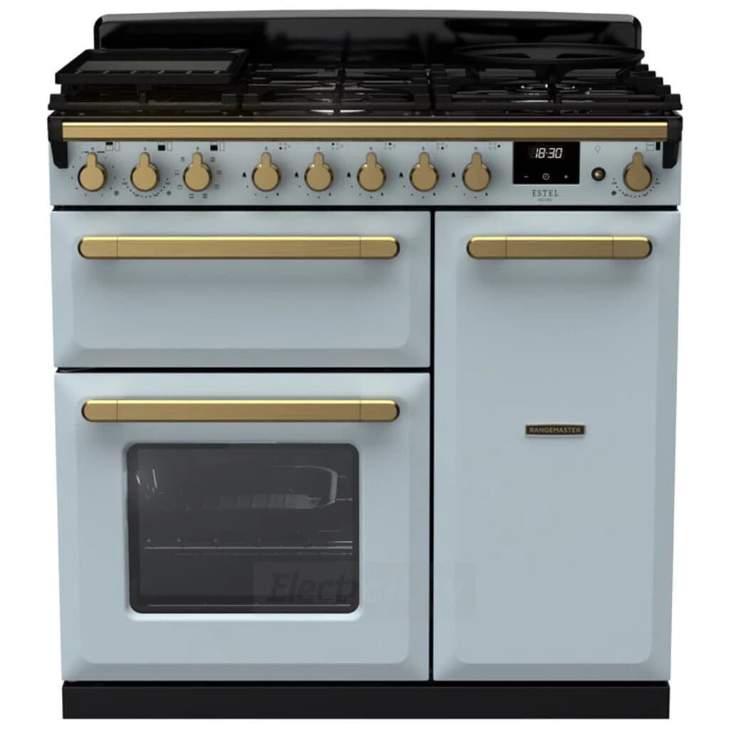 Rangemaster Estel Deluxe 90cm Dual Fuel Range Cooker | Misty Blue with Brass Trim