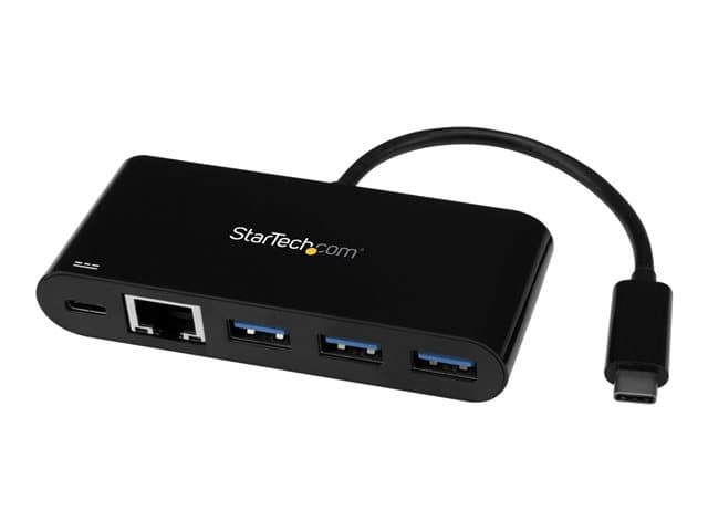 Startech 3 Port USB-C Hub with Gigabit Ethernet & 60W Power Delivery Passthrough Laptop Charging, USB-C to 3x USB-A (USB 3.0 SuperSpeed 5Gbps), USB 3.