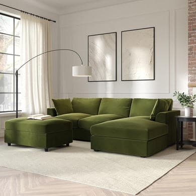 Right Hand Chaise Corner Sofa and Footstool Set in Green Velvet - August