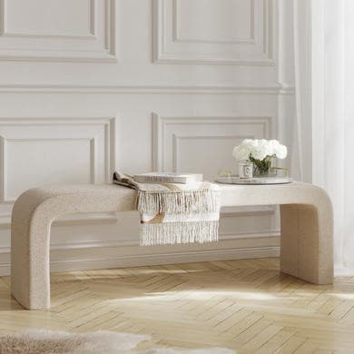 Large Beige Boucle Curved Dining Bench - 152cm - Seats 2 - Ren
