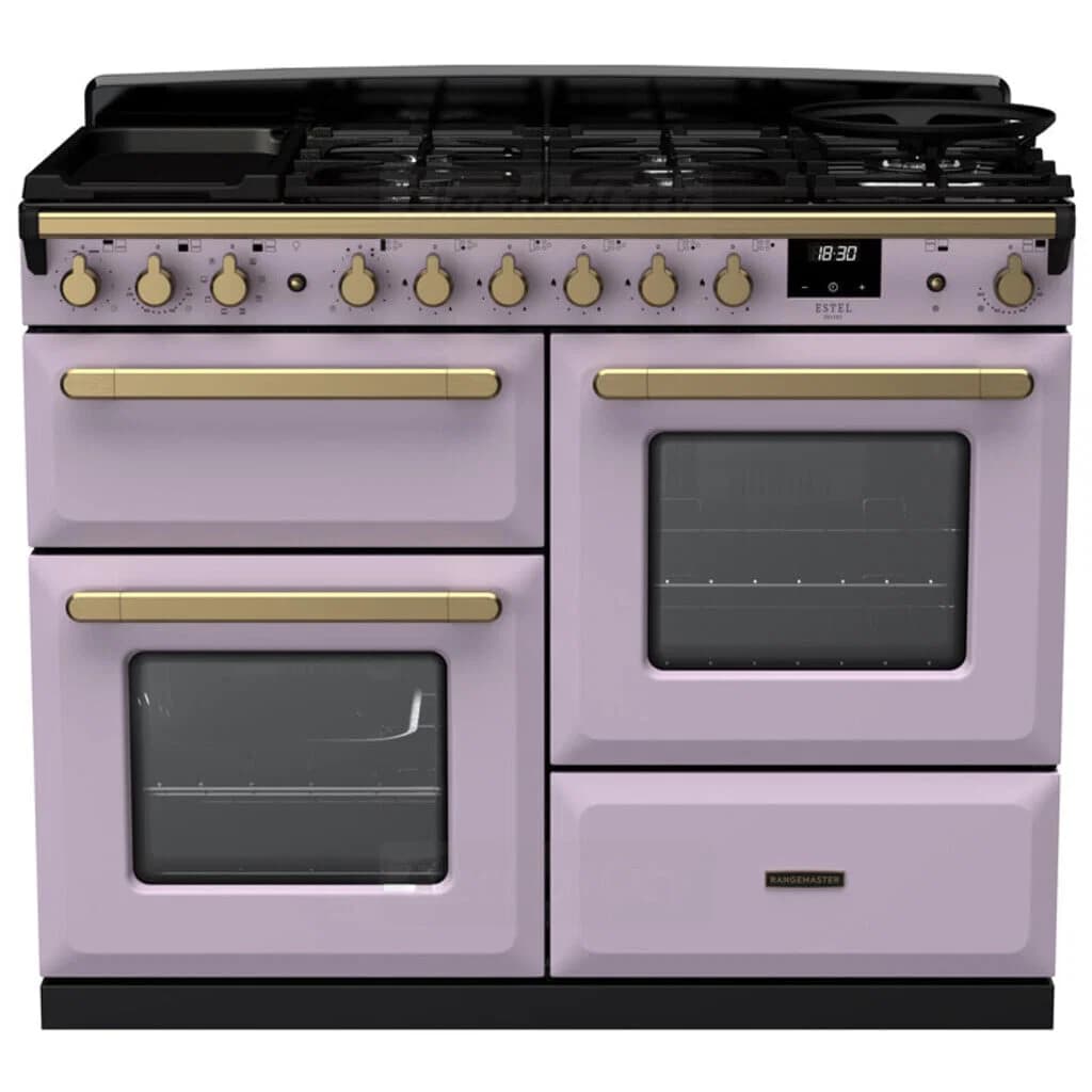 Rangemaster Estel Deluxe 110cm Dual Fuel Range Cooker | Heather with Brass Trim