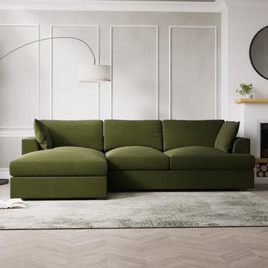 Olive Green Velvet Left Hand 4 Seater Chaise Corner Sofa - August