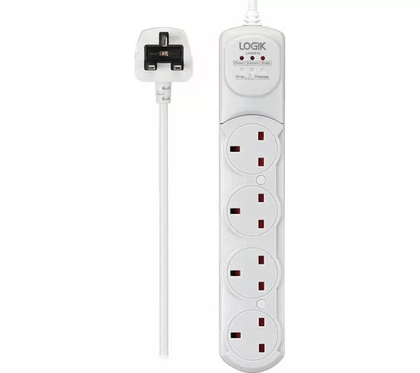 LOGIK L4W4S18 Left-Handed Surge Protected 4-Socket Extension Lead - 4 m