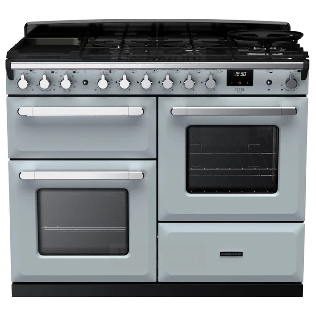 Rangemaster Estel Deluxe 110cm Dual Fuel Range Cooker | Misty Blue with Chrome Trim