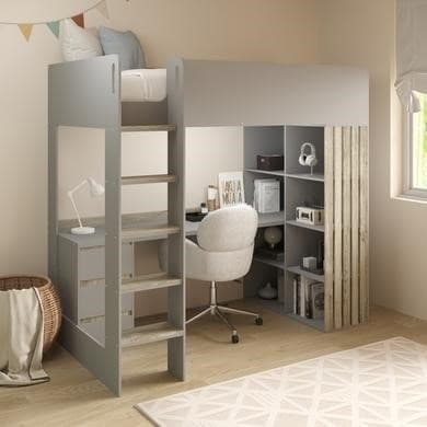 High Sleeper Loft Bed with Desk and Storage in Grey and Oak - Nelly