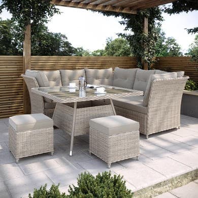 7 Seater Light Rattan Garden Corner Sofa Set with 2 Stools and Glass Table Top