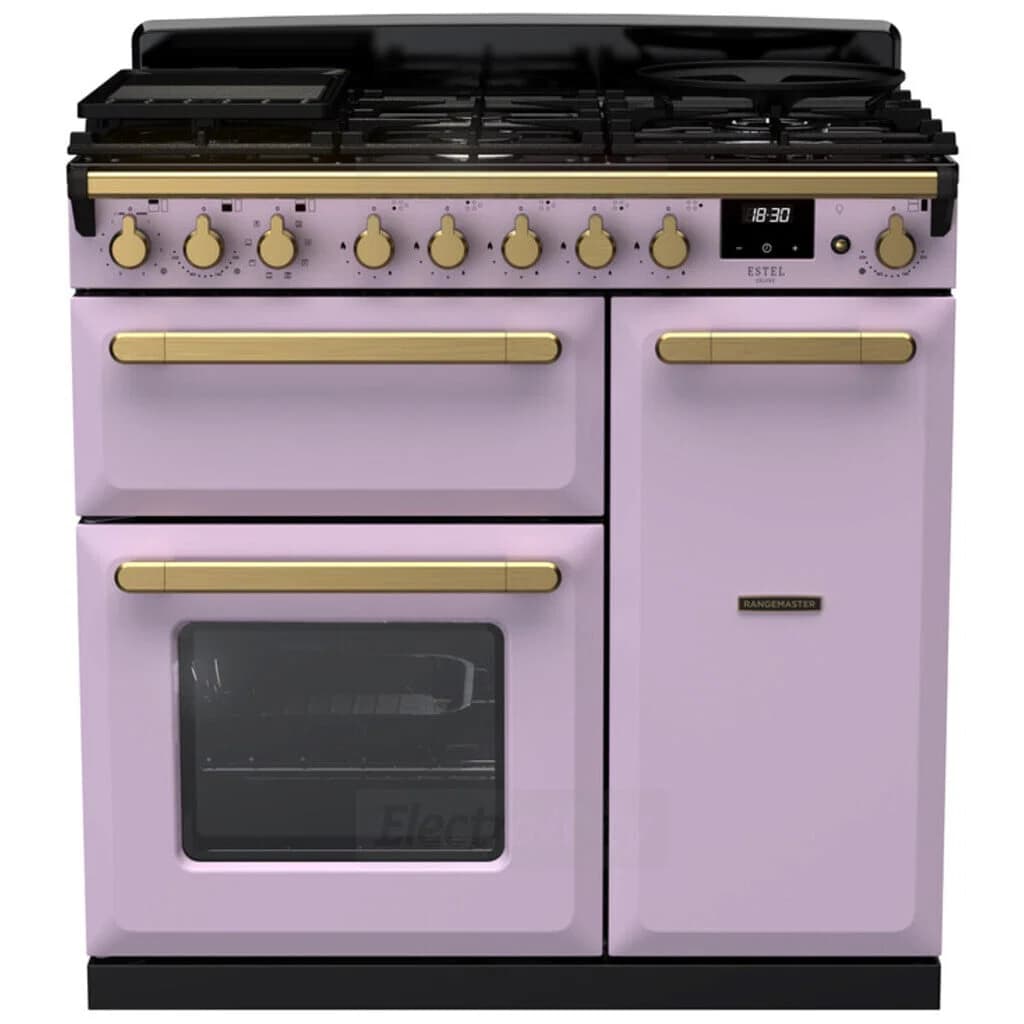 Rangemaster Estel Deluxe 90cm Dual Fuel Range Cooker | Heather with Brass Trim