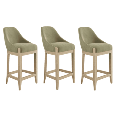 Set of 3 Sage Green Velvet Kitchen Stools with Solid Wood Legs - Madeline