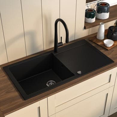 ONLY OPENED - Large Single Bowl Black Inset Granite Composite Kitchen Sink with Reversible Drainer - Enza Laurie