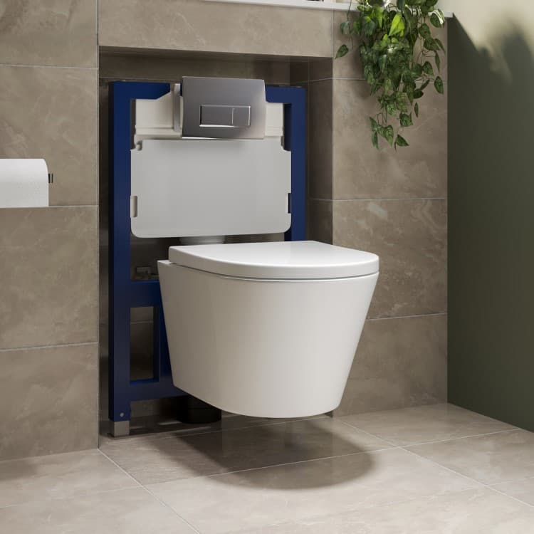 Wall Hung Rimless Toilet with Soft Close Seat, Chrome Pneumatic Flush Plate, 820mm Frame & Cistern – Newport