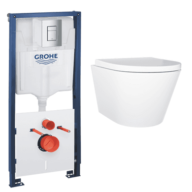 Wall Hung Rimless Toilet with Soft Close Seat, 1130mm Grohe Cistern and Frame - Newport