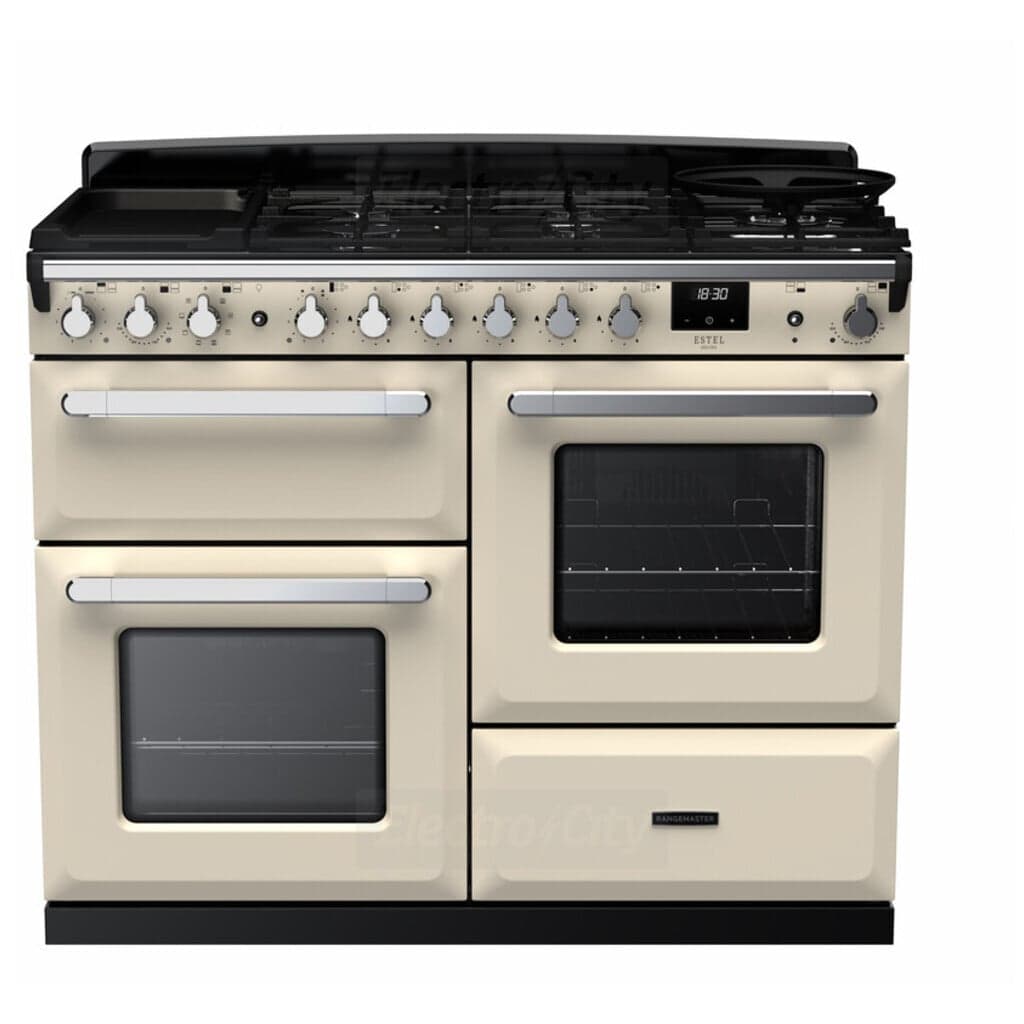Rangemaster Estel Deluxe 110cm Dual Fuel Range Cooker | Pale Cream with Chrome Trim