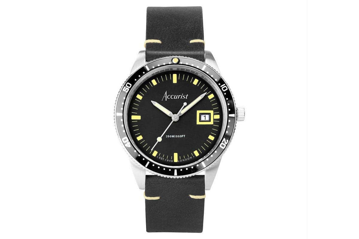 Accurist Dive Men's Watch | Silver Case & Black Leather Strap With Black Dial | 42mm