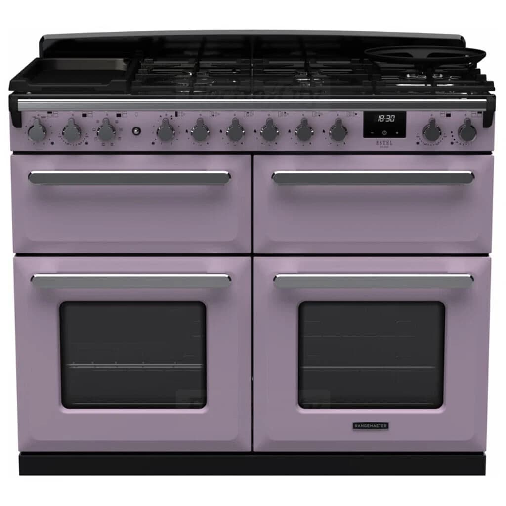 Rangemaster Estel Deluxe 110cm Dual Fuel Range Cooker with Slow Cook Oven | Heather with Chrome Trim