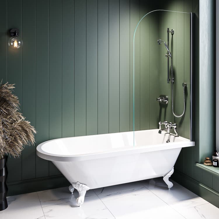 Freestanding Single Ended Shower Bath with Chrome Bath Screen & White Feet 1660 x 740mm - Park Royal