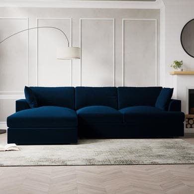Navy Blue Velvet Left Hand 4 Seater Chaise Corner Sofa - August