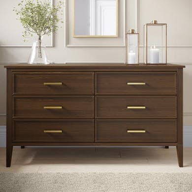 Wide Walnut 6 Drawer Chest of Drawers - Delilah
