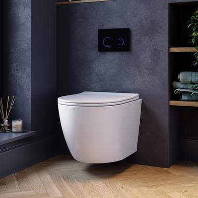 Wall Hung Rimless Toilet with Soft Close Seat, Black Glass Sensor Flush Plate, 820mm Frame & Cistern – Roma