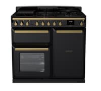 Rangemaster Estel Deluxe 100cm Dual Fuel Range Cooker - Gloss Black with Brass Trim | ESDL100DFPGBL/AB1
