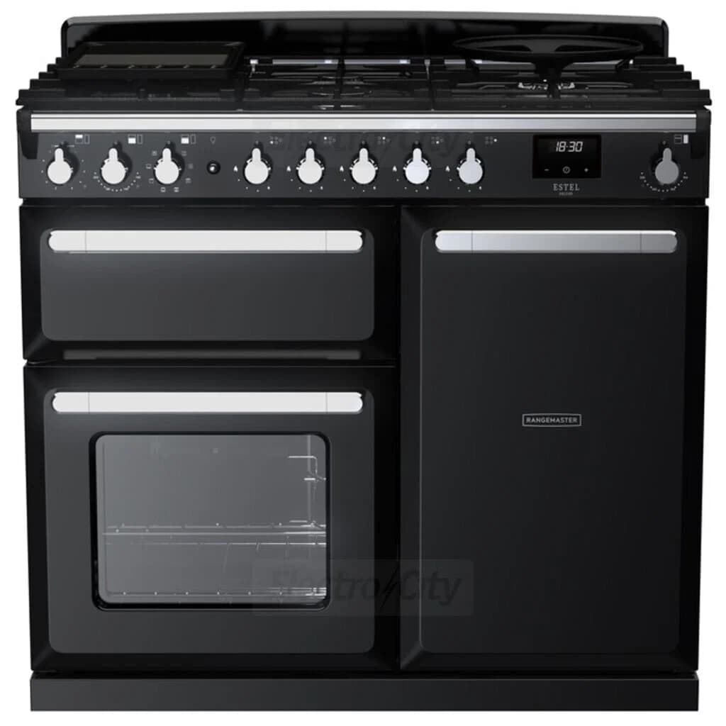 Rangemaster Estel Deluxe 100cm Dual Fuel Range Cooker | Black with Chrome Trim