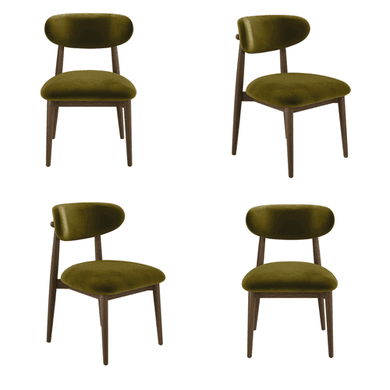Set of 4 Walnut and Olive Green Upholstered Curved Dining Chairs with Solid Wood Open Back - Kori