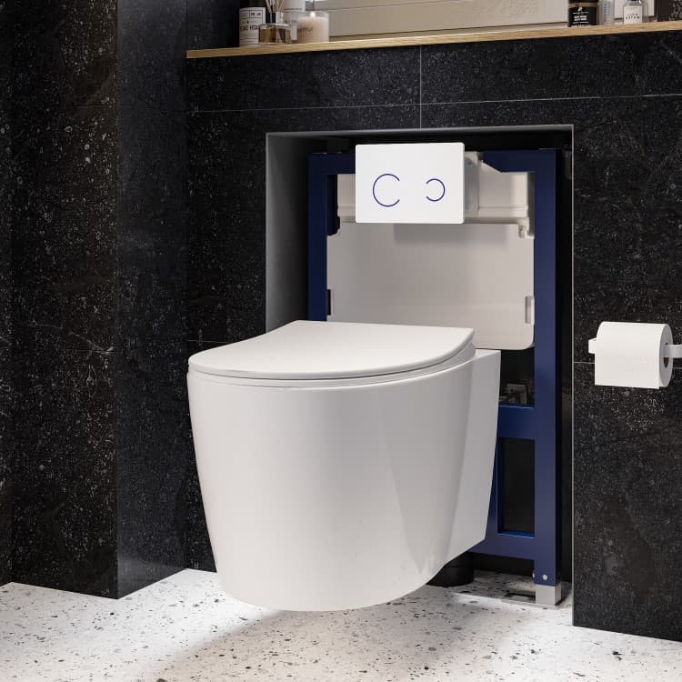 Wall Hung Rimless Toilet with Soft Close Seat, White Glass Sensor Flush Plate, 820mm Frame & Cistern – Alcor