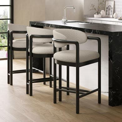 Darla Cream Textured Fabric Kitchen Stools with Black Solid Wood Legs