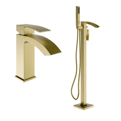 Brushed Brass Waterfall Basin Mixer Tap & Freestanding Tap Pack - Wave