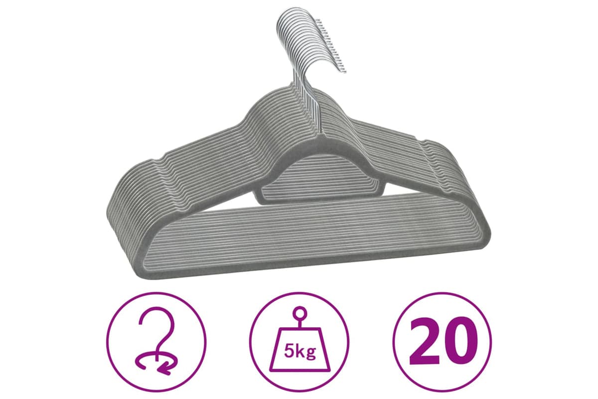 Vidaxl 289917 20 Pcs Clothes Hanger Set Anti-slip Grey Velvet