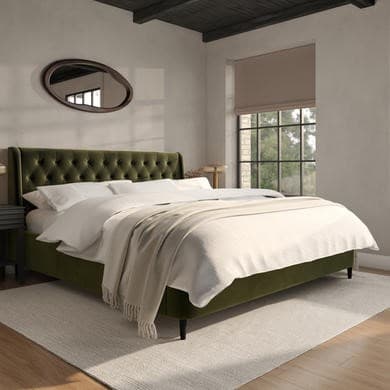 Olive green - Upholstered End-Lift Chesterfield Ottoman Storage Bed with Legs - Amara