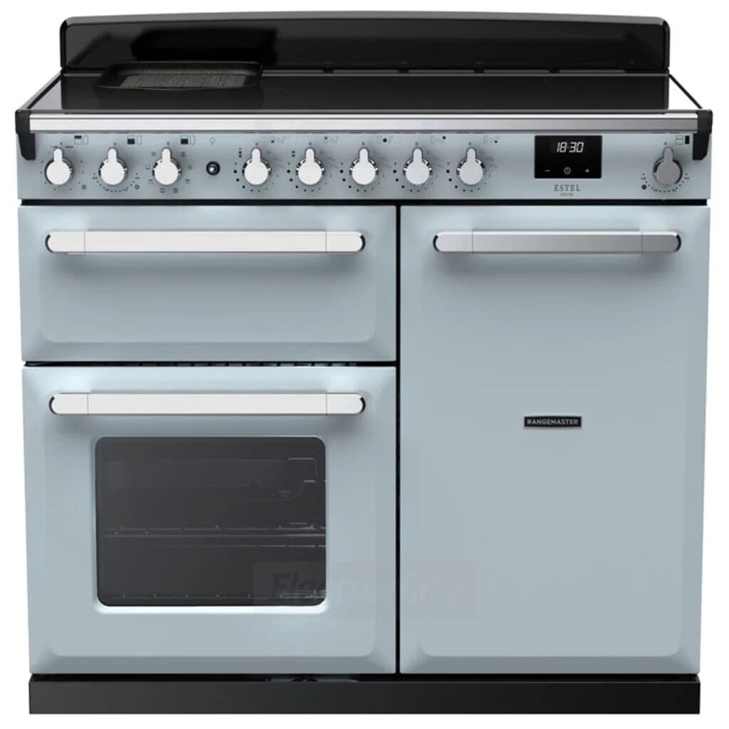 Rangemaster Estel Deluxe 100cm Induction Range Cooker | Misty Blue with Chrome Trim