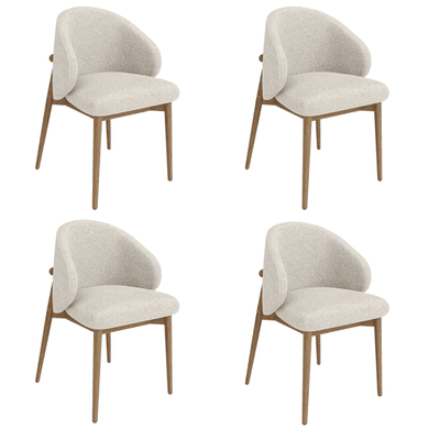 Set of 4 Beige Upholstered Curved Dining Chairs With Solid Oak Exposed Back - Kori