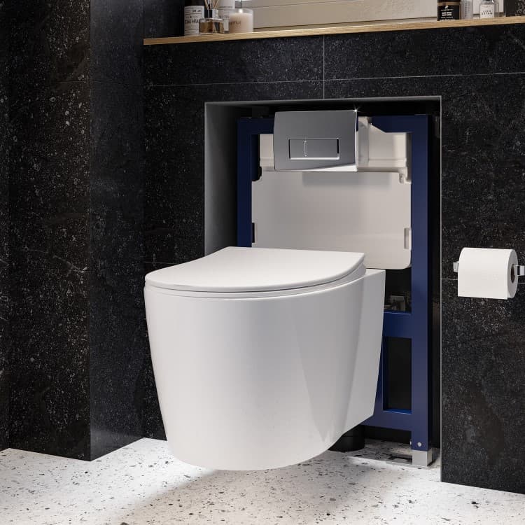 Wall Hung Rimless Toilet with Soft Close Seat, Chrome Pneumatic Flush Plate, 820mm Frame & Cistern – Alcor