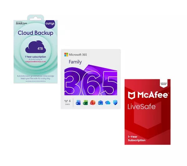 MICROSOFT 365 Family (12 months, auto renewal, 6 users), Cloud Backup (4 TB, 1 year) & LiveSafe with Scam Detector (1 year, unlimited devices) Bundle
