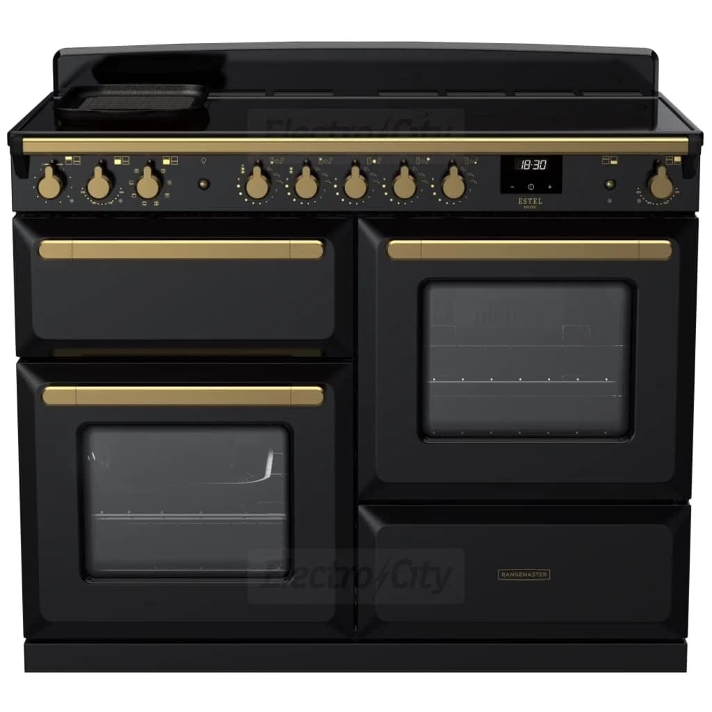 Rangemaster Estel Deluxe 110cm Induction Range Cooker | Black with Brass Trim