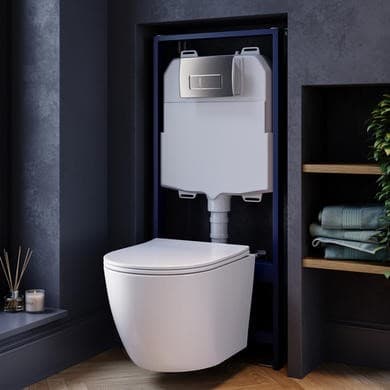 Wall Hung Rimless Toilet with Soft Close Seat, Chrome Pneumatic Flush Plate, 1168mm Frame & Cistern – Roma