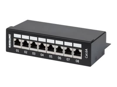 INTELLINET - Patch Panel, Cat6a, FTP, 8-Port, Desktop, Shielded, 90° Top-Entry Punch Down Blocks, Black - patch panel