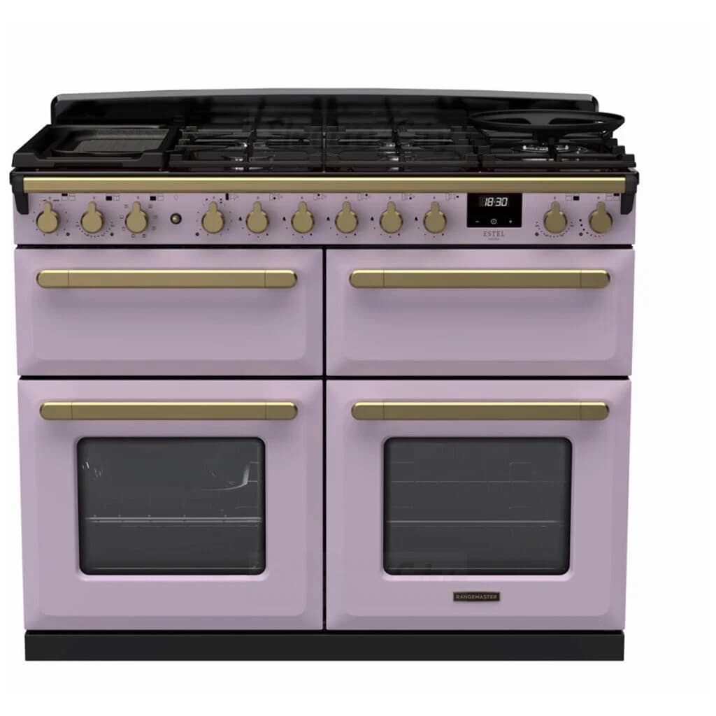 Rangemaster Estel Deluxe 110cm Dual Fuel Range Cooker with Slow Cook Oven | Heather with Brass Trim
