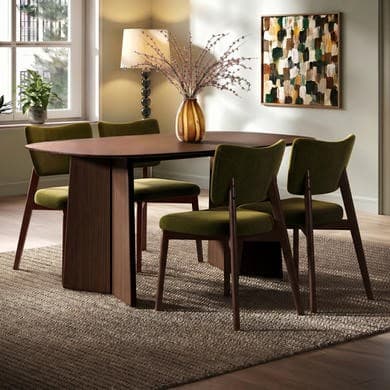 Walnut Angled Leg Dining Table Set with 4 Olive Green Velvet Curved Back Dining Chairs - Rivo