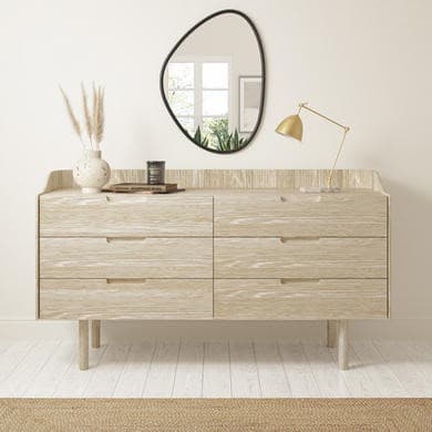 Wide Solid Light Wood Mid-Century Modern 6 Drawer Chest of Drawers - Saskia