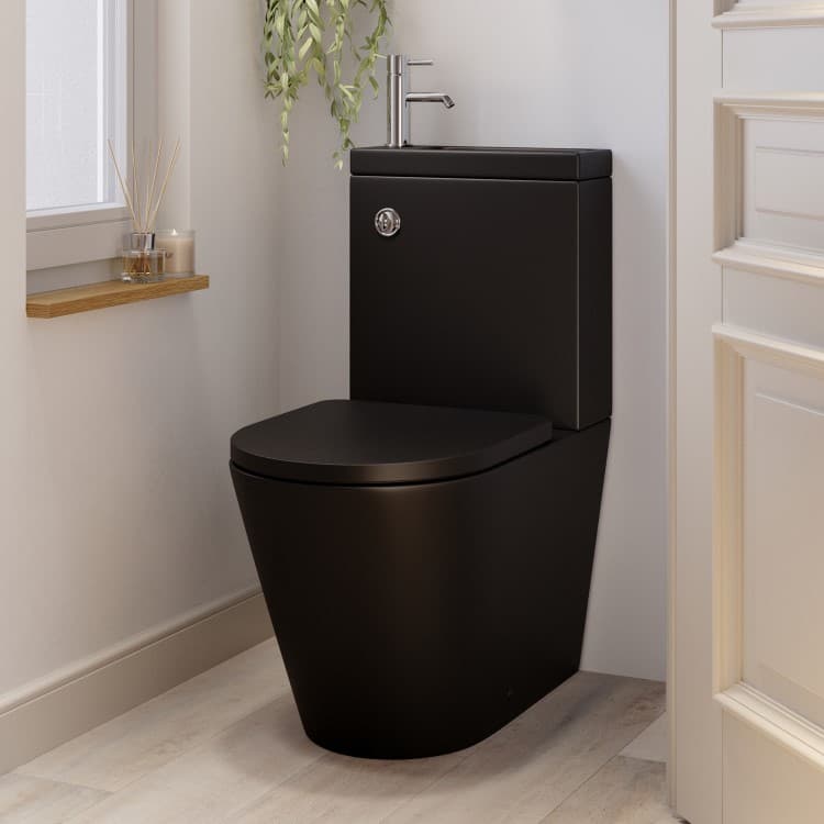 Matt Black Close Coupled Closed Back Toilet with Chrome Fittings & Sink on Top - Legend