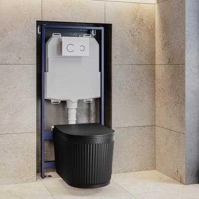 Matt Black Fluted Wall Hung Rimless Toilet with Soft Close Seat, White Glass Sensor Flush Plate, 1168mm Frame & Cistern – Oregon