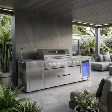 Monster Grill - Ultimate Outdoor Kitchen - 6 Burner Gas BBQ Grill with Fridge and Sink
